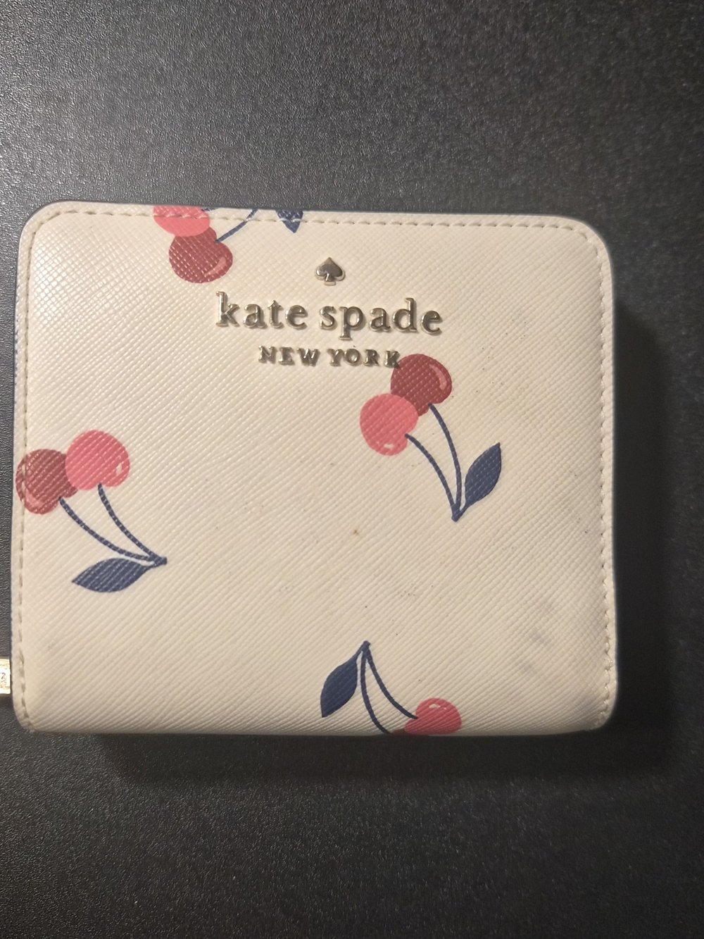 kate spade white wallet with pink & red cherry print